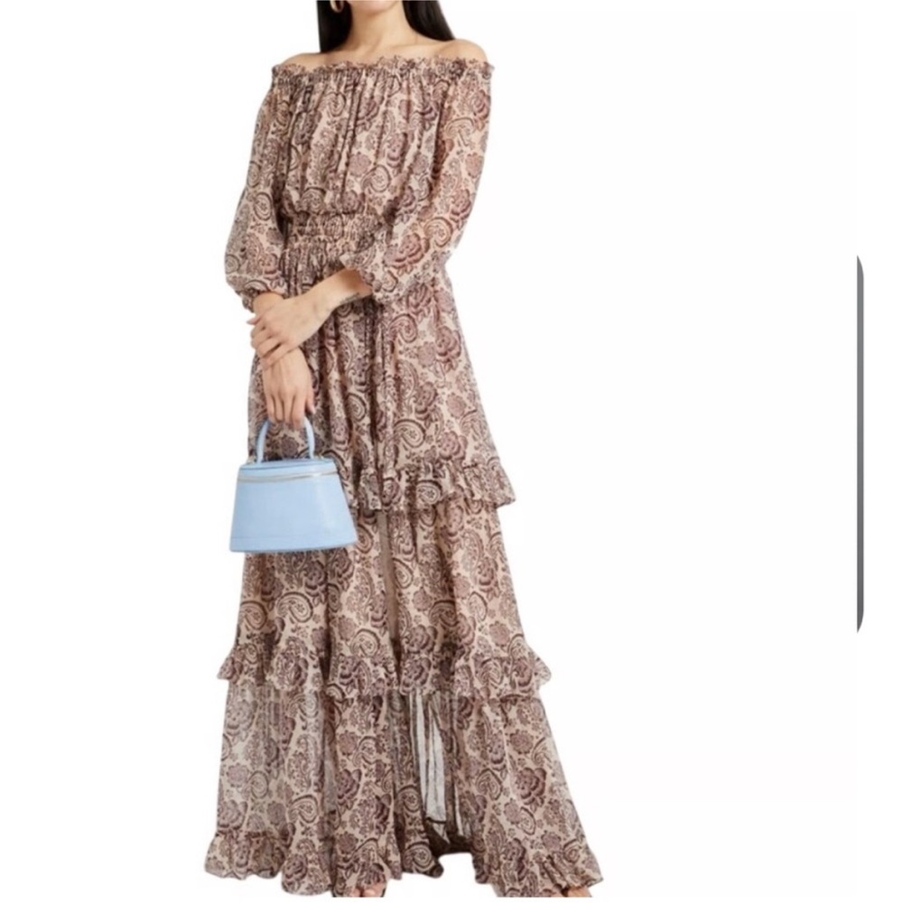 Cinq à Sept Adrianne Off the Shoulder Silk Paisley Tiered Maxi Dress Romantic 12 - Picture 2 of 12